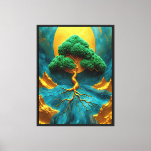 Goldener Bonsai Mondlicht – Türkisfall Zen-Wand  Leinwanddruck