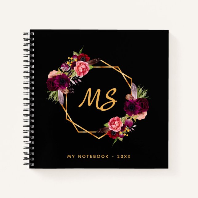 Goldener Bordeaux-Monogramm-Chic Notizbuch (Vorderseite)