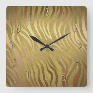 Goldener Bronze-Zebra-Druck Dschungel-Safari-Glamo Quadratische Wanduhr