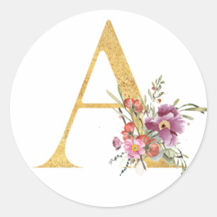Goldener Buchstabe A mit Blumen Runder Aufkleber