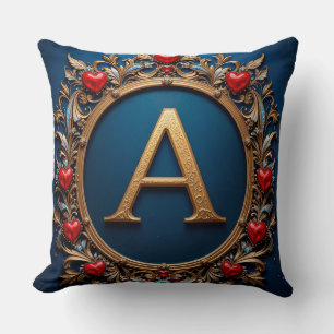 Goldener Buchstabe A mit Herzen Floral Blau Dekor Kissen