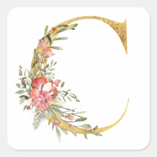 Goldener Buchstabe C mit Blumen Quadratischer Aufkleber