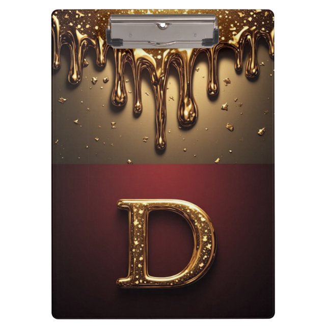 Goldener Buchstabe D Monogramm mit triefender Meta Klemmbrett (Vorderseite)
