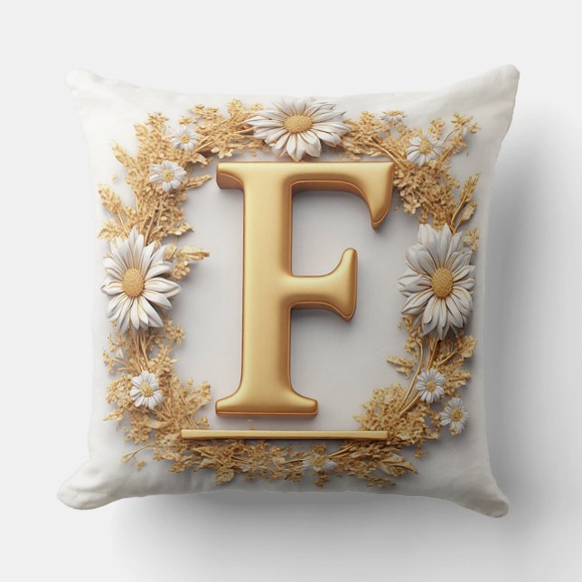 Goldener Buchstabe F mit Blumenkronendekor Kissen (Vorderseite)