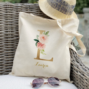 Goldener Buchstabe L und rosafarbene Blumenpersona Tragetasche