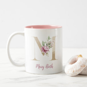 Goldener Buchstabe M, Monogramm M, Rosa Blumen-Ges Zweifarbige Tasse