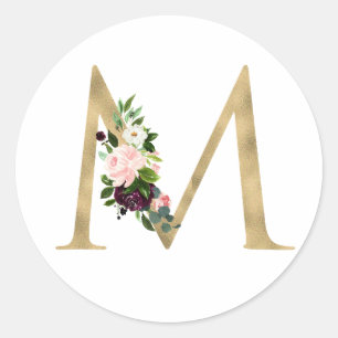 Goldener Buchstabe MONOGRAMM Boho Burgunder Blumen Runder Aufkleber