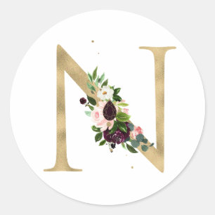 Goldener Buchstabe MONOGRAMM Boho Burgunder Blumen Runder Aufkleber
