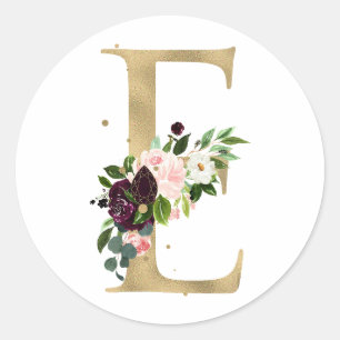 Goldener Buchstabe MONOGRAMM Boho Burgunder Blumen Runder Aufkleber