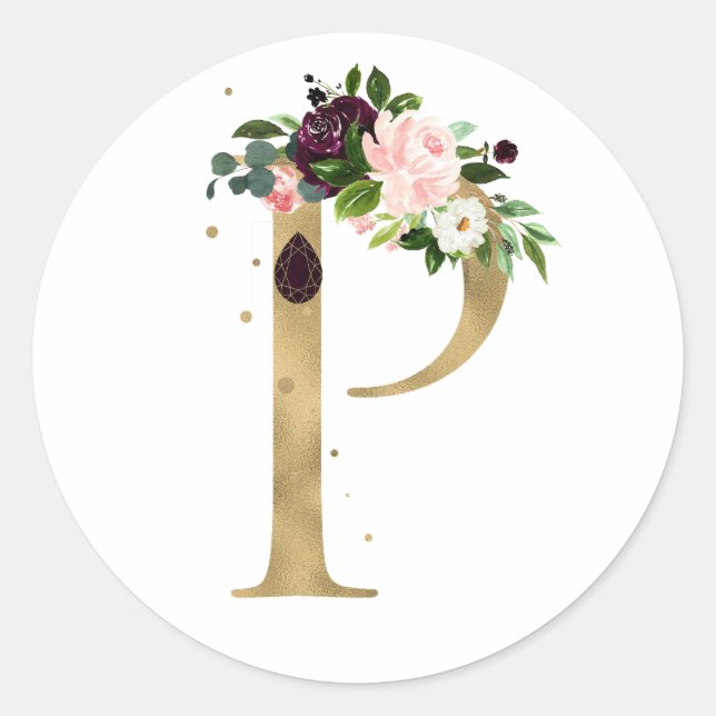 Goldener Buchstabe MONOGRAMM boho burgundy Blume C Runder Aufkleber (Vorderseite)