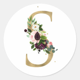 Goldener Buchstabe MONOGRAMM boho burgundy Blume C Runder Aufkleber