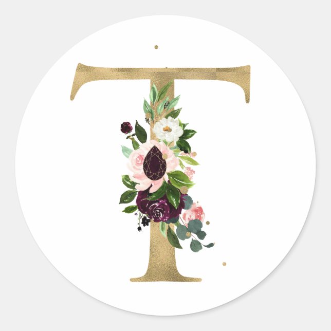Goldener Buchstabe MONOGRAMM boho burgundy Blume C Runder Aufkleber (Vorderseite)