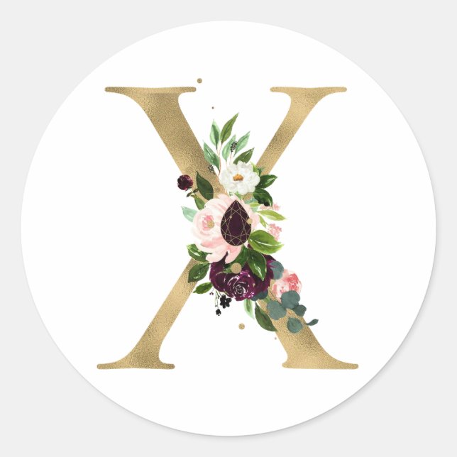 Goldener Buchstabe MONOGRAMM boho burgundy Blume C Runder Aufkleber (Vorderseite)