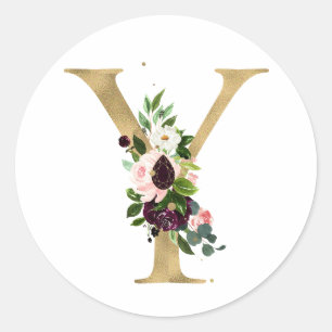 Goldener Buchstabe MONOGRAMM boho burgundy Blume C Runder Aufkleber