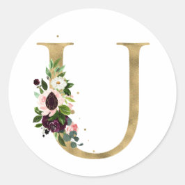 Goldener Buchstabe MONOGRAMM boho burgundy Blume C Runder Aufkleber