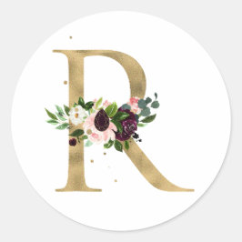 Goldener Buchstabe MONOGRAMM boho burgundy Blume C Runder Aufkleber