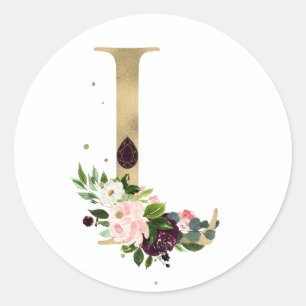 Goldener Buchstabe MONOGRAMM boho burgundy Blume Runder Aufkleber