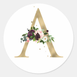 Goldener Buchstabe MONOGRAMM boho burgundy Blume Runder Aufkleber