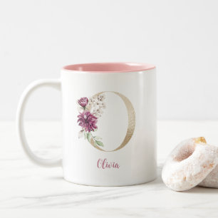 Goldener Buchstabe O, Monogramm O, Rosa Blumen-Ges Zweifarbige Tasse