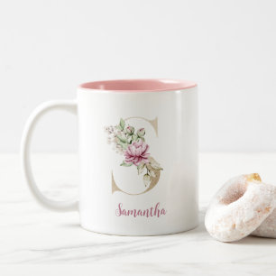 Goldener Buchstabe S, Monogramm S, Rosa Blumen-Ges Zweifarbige Tasse