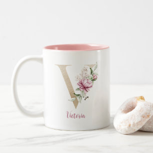 Goldener Buchstabe V, Monogramm v, Rosa Blumengesc Zweifarbige Tasse