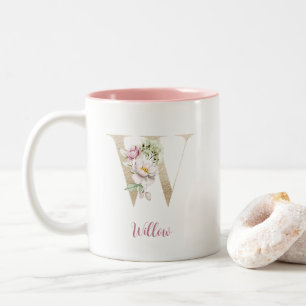 Goldener Buchstabe W, Monogramm W, Rosa Blumen-Ges Zweifarbige Tasse