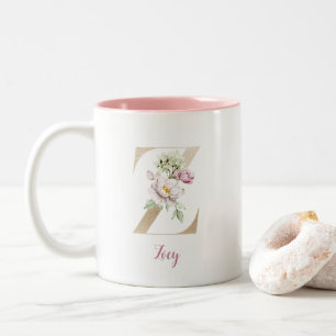Goldener Buchstabe Z, Monogramm Z, Rosa Blumen-Ges Zweifarbige Tasse