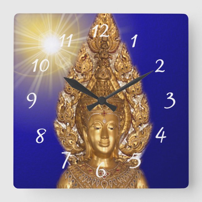 Goldener Buddha in blauer quadratischer Wanduhr (Vorderseite)