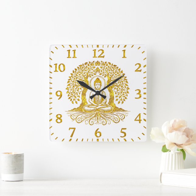 Goldener Buddha-Meditation zwischen Bäumen Quadratische Wanduhr (Zuhause)