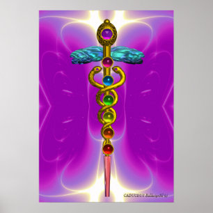 GOLDENER CADUCEUS 7 CHAKREN, Yoga, Medizin  Rosa F Poster