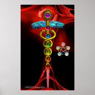 GOLDENER CADUCEUS UND 7 CHAKREN IN ROSAROTER FRAKT POSTER