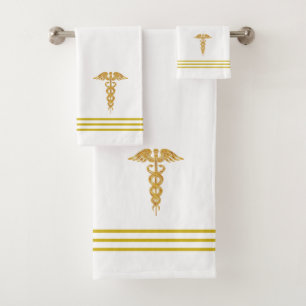 Goldener Caduceus und Streifen auf Weiß Badhandtuch Set