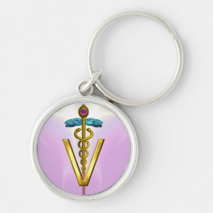 GOLDENER CADUCEUS-VETERINÄRsymbol Rosa-Weiß Schlüsselanhänger