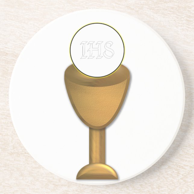 Goldener Chalice und Gastgeber - Heilige Kommune Sandstein Untersetzer (Vorne)