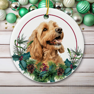 Goldener Cockapoo-Hund Immergrüner Kranz Keramik Ornament