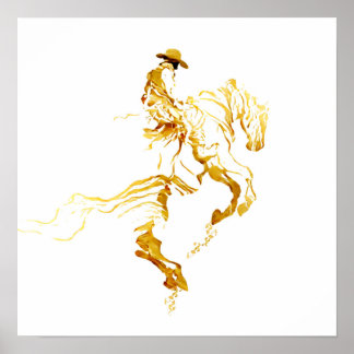 Goldener Cowboy auf aufbäumendem Pferd  Poster