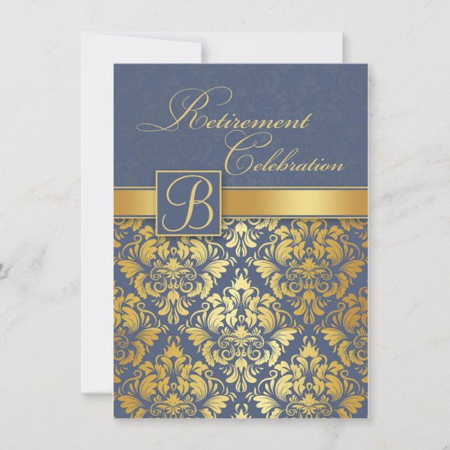 Goldener Damast auf blauem monogramm Einladung (Vorderseite)