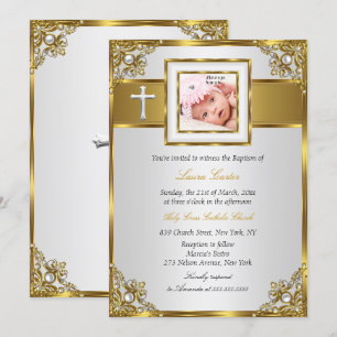 Goldener Damast Kreuz Foto Taufe Christening 2 Einladung