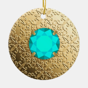 Goldener Damast mit Aquamarine-Edelstein-Imitaten Keramikornament