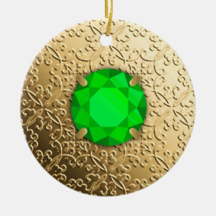 Goldener Damast mit einem unechten Smaragd-Edelste Keramik Ornament