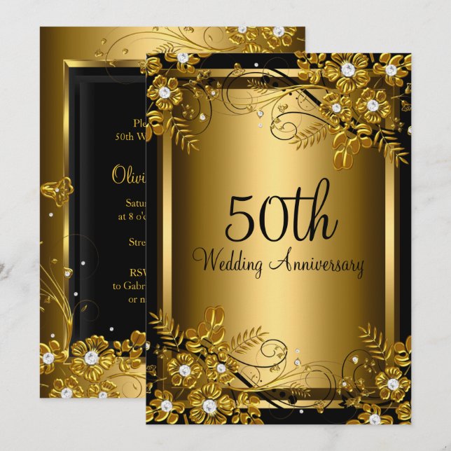 Goldener Diamant Blütenwirl 50 Jahre alt Einladung (Vorne/Hinten)