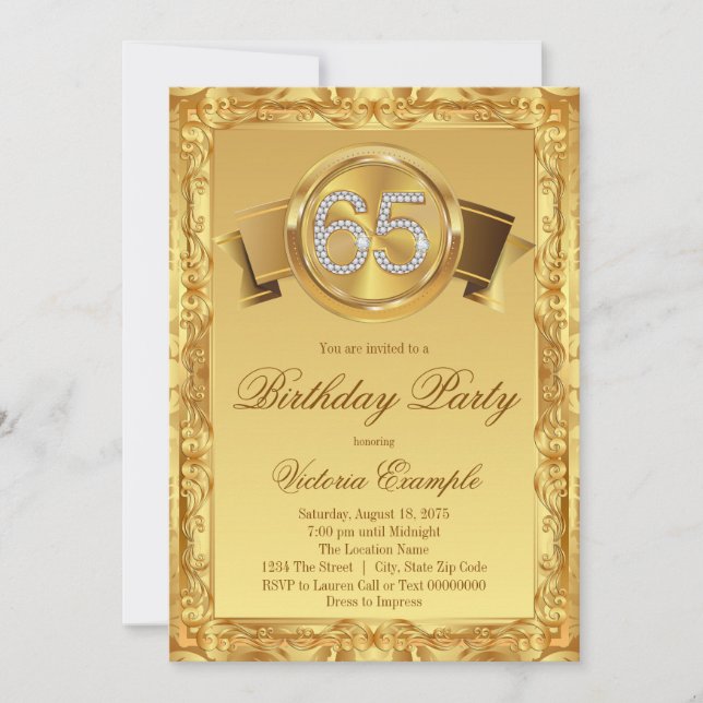 Goldener Diamant Swirl Extravagant 65. Geburtstag Einladung (Vorderseite)
