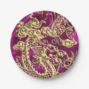 Goldener Drache auf Magenta Satin Pappteller