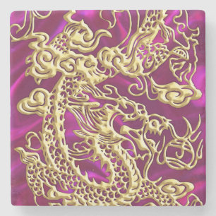 Goldener Drache auf Magenta Satin Steinuntersetzer
