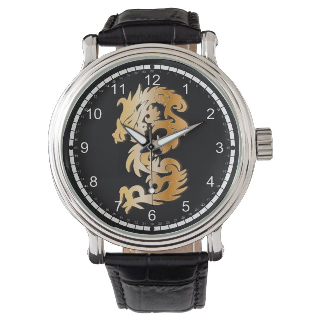 Goldener Drache auf schwarz Armbanduhr (Vorderseite)