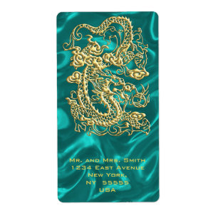 Goldener Drache auf Türkis Satin Print