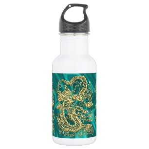 Goldener Drache auf Türkis Satin Print Edelstahlflasche