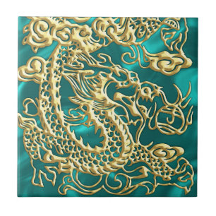 Goldener Drache auf Türkis Satin Print Fliese