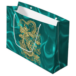 Goldener Drache auf Türkis Satin Print Große Geschenktüte