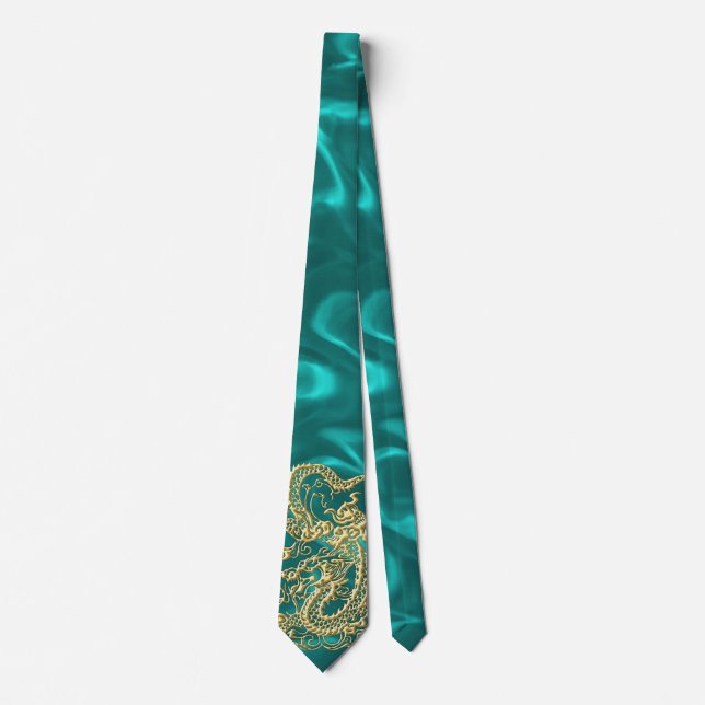 Goldener Drache auf Türkis Satin Print Krawatte (Vorderseite)